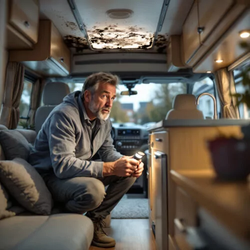 Mann entdeckt Feuchtigkeitsschaden und Schimmel im Wohnmobil, sorgt sich in einem deutschen Wohngebiet.