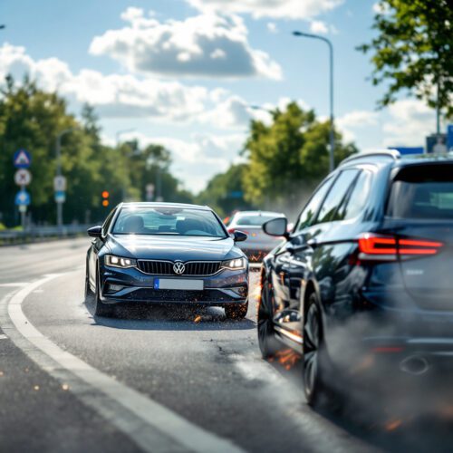 Zwei Autos kollidieren auf einer deutschen Straße: Ein Volkswagen Golf wechselt die Spur, ein BMW fährt auf ihn auf.Zwei Autos kollidieren auf einer deutschen Straße: Ein Volkswagen Golf wechselt die Spur, ein BMW fährt auf ihn auf.