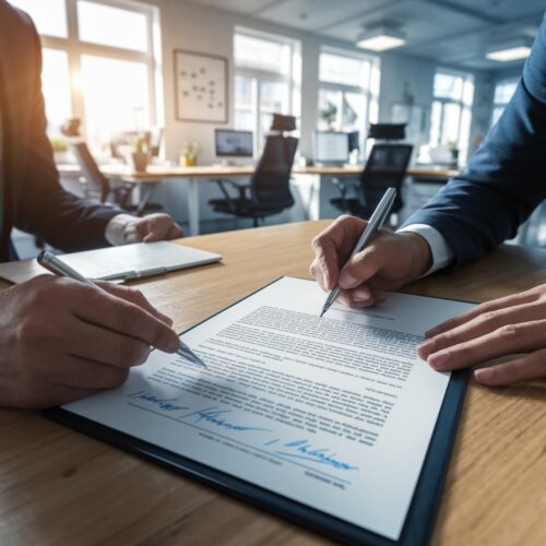 Immobilienmakler und privater Verkäufer unterzeichnen einen Exklusivvertrag an einem modernen Schreibtisch.