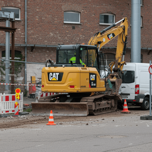 Gelber Bagger kollidiert mit weißem Van auf Baustelle; Fahrer in Warnweste zeigt Ablenkung.