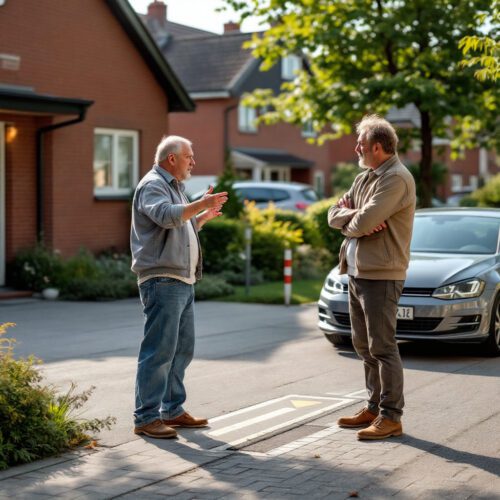 Nachbarn im Streit über Grundstücksgrenze, markierter Grenzstein, gespannte Atmosphäre im deutschen Wohngebiet.