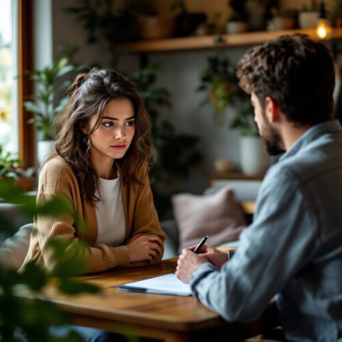 Junge Frau und Freund im Wohnzimmer, während sie einen Darlehensvertrag besprechen. Sie wirkt unsicher.