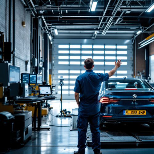 Techniker in deutscher Werkstatt überwacht Abgassoftware eines Fahrzeugs auf Monitoren; rechtliche Kontroversen erkennbar.Techniker in deutscher Werkstatt überwacht Abgassoftware eines Fahrzeugs auf Monitoren; rechtliche Kontroversen erkennbar.
