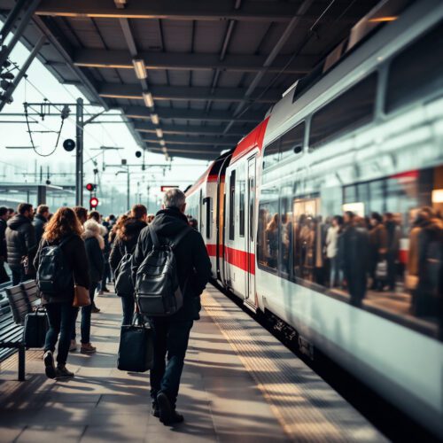 Verspäteter Zug an einem deutschen Bahnhof, frustrierte Passagiere warten auf dem überfüllten Bahnsteig.