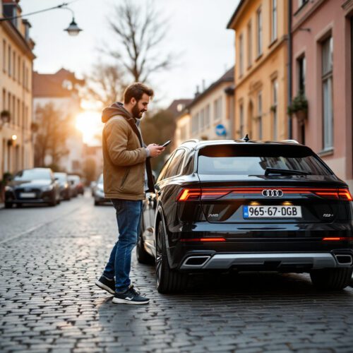 Mann meldet Audi Q8 als Fundstück, steht neben dem Auto in einer deutschen Vorstadtstraße.