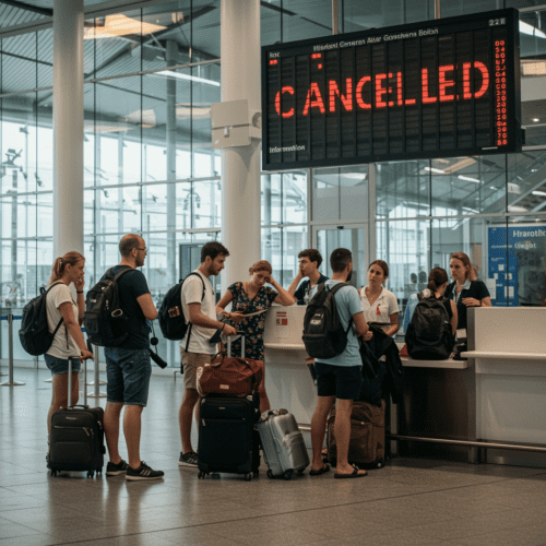 Reisende stehen verzweifelt im überfüllten deutschen Flughafen, während ihr Rückflug als "Storniert" angezeigt wird.