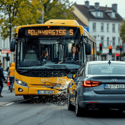 Bus und Auto kurz vor der Kollision in deutscher Stadtstraße, Reifenabdruck sichtbar, Alltagsmoment festgehalten.