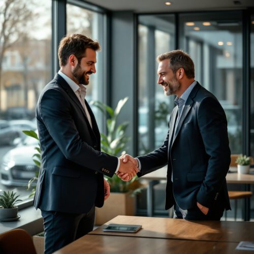 Zwei Männer schütteln sich die Hände in einem modernen Büro, während ein Investmentdeal abgeschlossen wird.
