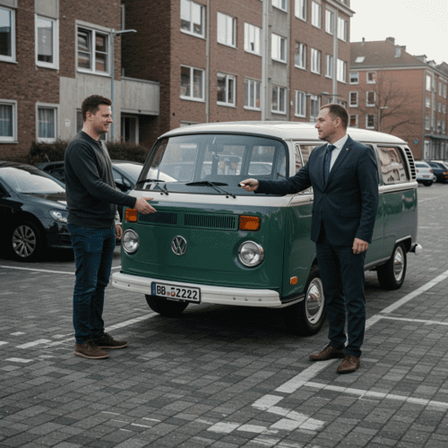 Austausch der VW-Bus-Schlüssel zwischen Käufer und nicht autorisiertem Verkäufer in urbanem deutschen Umfeld.