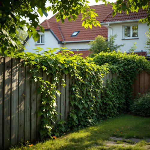 Invasive Japanische Stauden übersteigt einen Zaun und breitet sich in einen Nachbargarten aus.