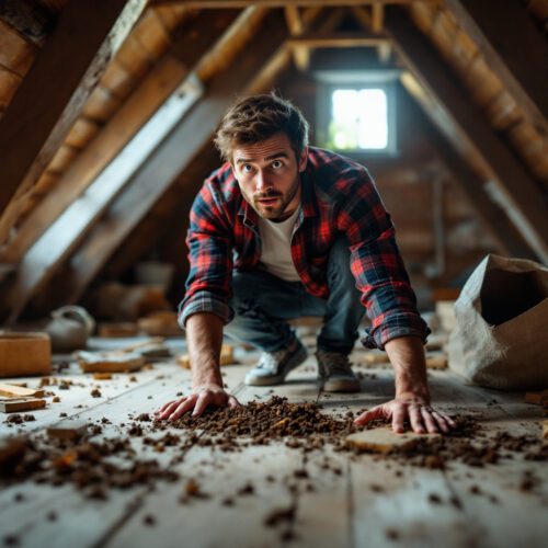 Hausbesitzer entdeckt Anzeichen von Schädlingen im Dachboden seines neu erworbenen Hauses.