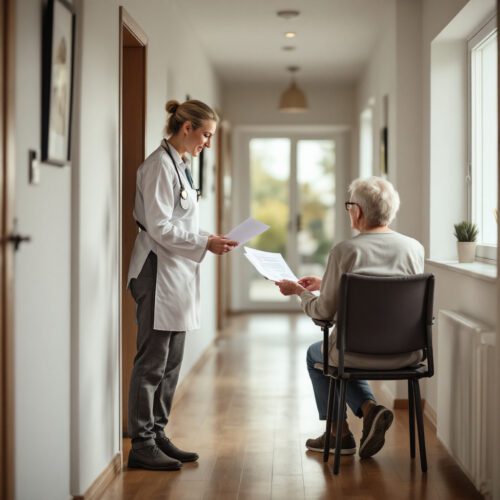 Pflegekraft übergibt älterem Bewohner ein Dokument über Preiserhöhung wegen Pflegeanpassung im Flur eines Pflegeheims.