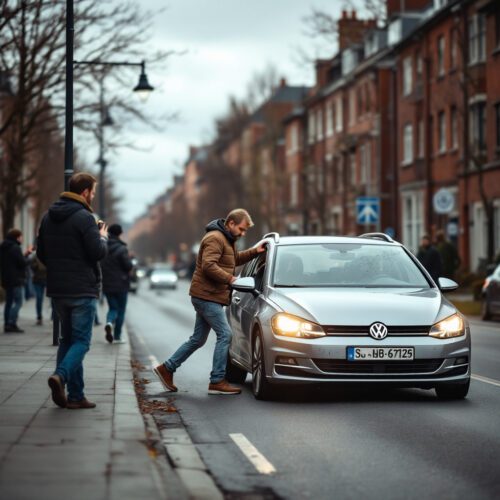 Pedestrian crossing street is hit by a moving Volkswagen as shocked bystanders react.