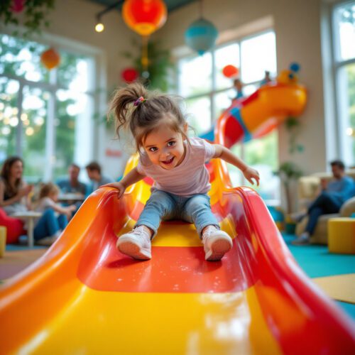 Junges Mädchen rutscht von einer bunten Plastikrutsche in einem deutschen Indoorspielplatz.