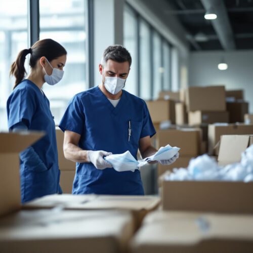 Krankenhausmitarbeiter prüfen defekte Schutzmasken bei der Anlieferung in einem Empfangsbereich.