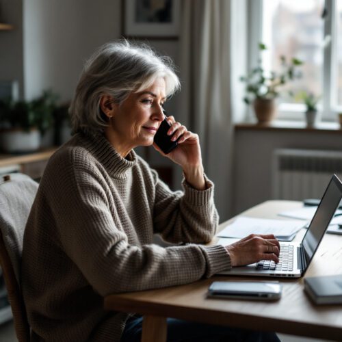 Mittelalte Frau in einer deutschen Wohnung telefoniert und prüft am Laptop ihre Bankdetails.