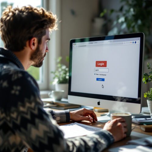Online-Verkäufer in Homeoffice, ahnungslos über Phishing-Angriff auf gefälschter Bankseite.