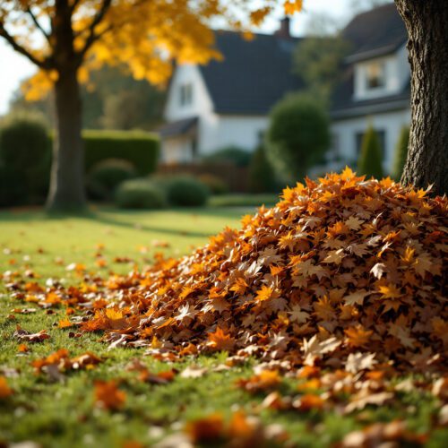 Laubhaufen aus bunten Herbstblättern und Eicheln an einem gepflegten Garten vor einem typischen deutschen Einfamilienhaus.