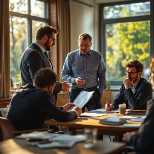 Neuer Vorstand im deutschen Club diskutiert kontrovers über Gerichtsurteil; angespannte Atmosphäre am Tisch.