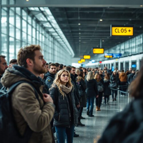 Familie am Kölner Flughafen zeigt Anzeichen von Stress und Besorgnis wegen möglicher Flugverspätung.