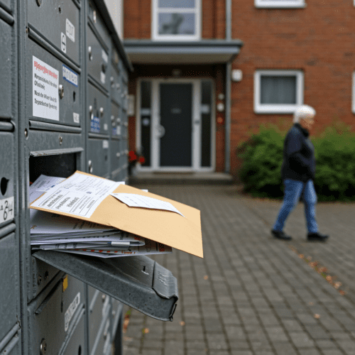 Ungeöffnetes offizielles Schreiben zur Straßenausbaubeitrag im Briefkasten eines deutschen Wohnhauses.