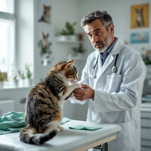 Sterilisierte Katze versucht, ihre Wunde in einer deutschen Tierarztpraxis zu lecken.