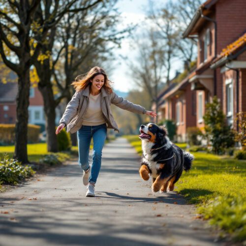 Bernese Mountain Dog springt auf Frau zu, die auf Gehweg das Gleichgewicht verliert. Vororte in Deutschland.Bernese Mountain Dog springt auf Frau zu, die auf Gehweg das Gleichgewicht verliert. Vororte in Deutschland.