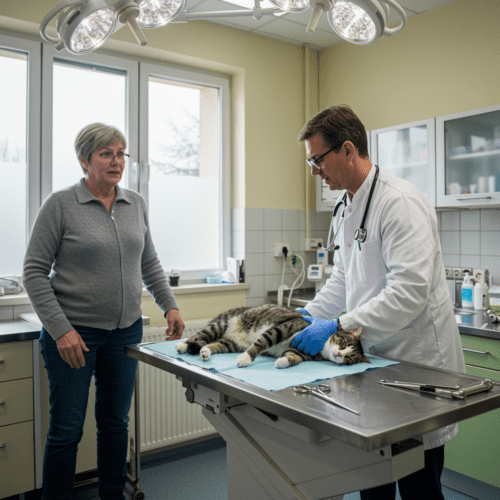 Tierarztpraxis: Wissenschaftler untersucht eine leblose Katze auf einem Untersuchungstisch, besorgte Besitzerin in der Nähe.