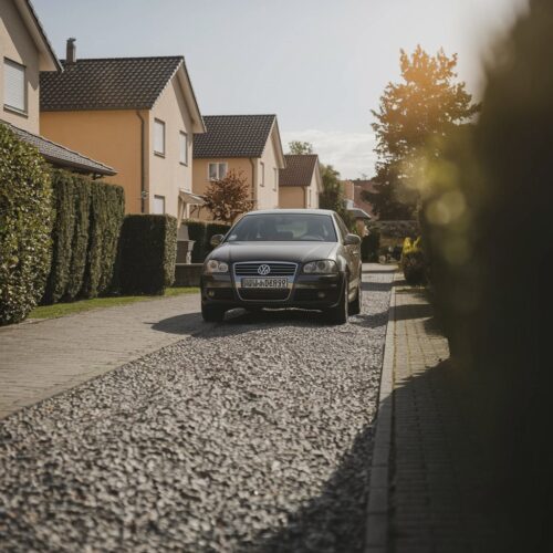 Nachbar fährt mit Auto über fremdes Grundstück, vermutet Berechtigung durch Wegerecht. Typische Siedlung in Baden-Württemberg.