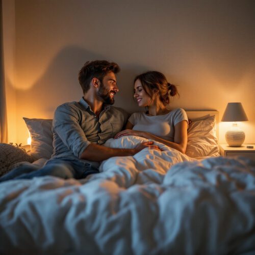 Intimes Paar auf einem Bett in einer modernen deutschen Wohnung, das den Beginn eines neuen Lebensabschnitts andeutet.