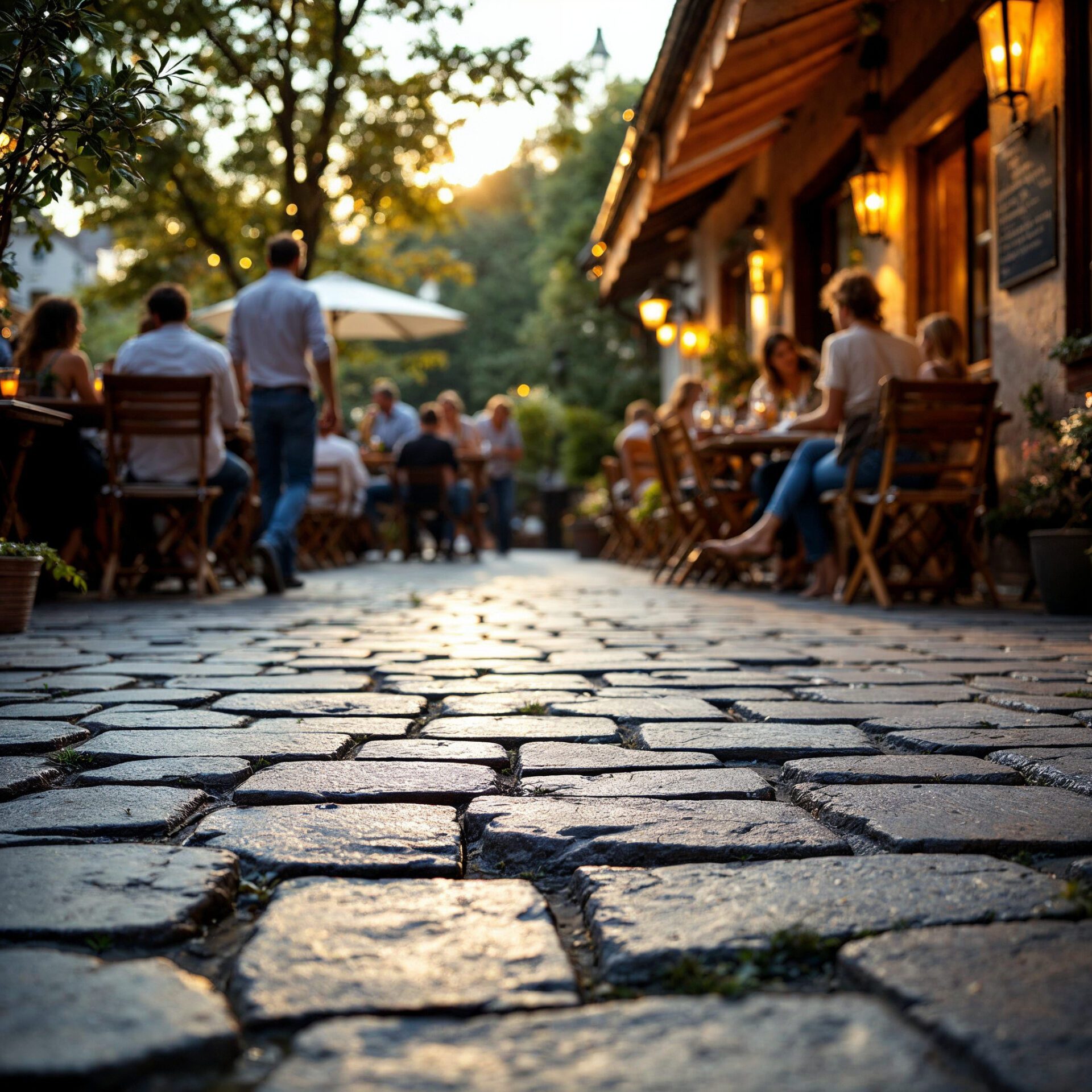 verkehrssicherungspflicht-terassen-natursteinplatten Gast fällt auf unebenem Steinplatten-Pflaster eines deutschen Restaurants mit Holzmöbeln und sanfter Beleuchtung.