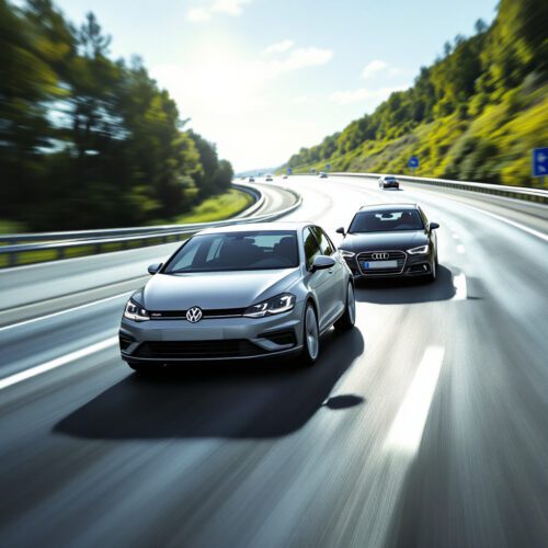 Unfall auf deutscher Autobahn: Silberner VW Golf wechselt die Spur und kollidiert mit schwarzem Audi.