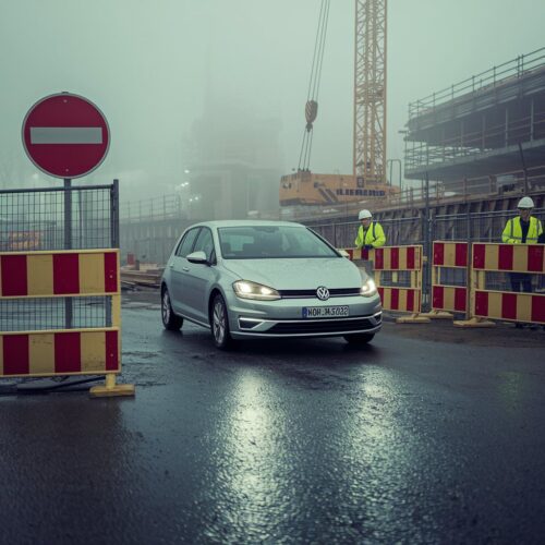 Fahrer in silbernem Volkswagen Golf ignoriert Verbotsschild auf einer nebligen Baustelle in Deutschland.