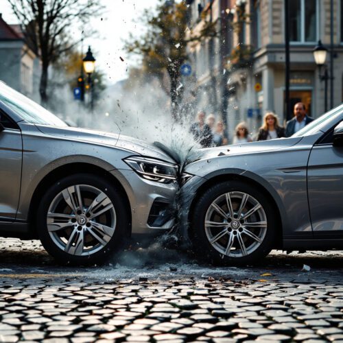 Zwei Autos, ein Volkswagen und ein BMW, kollidieren an einer deutschen Kreuzung. Bystander zeigen Überraschung.