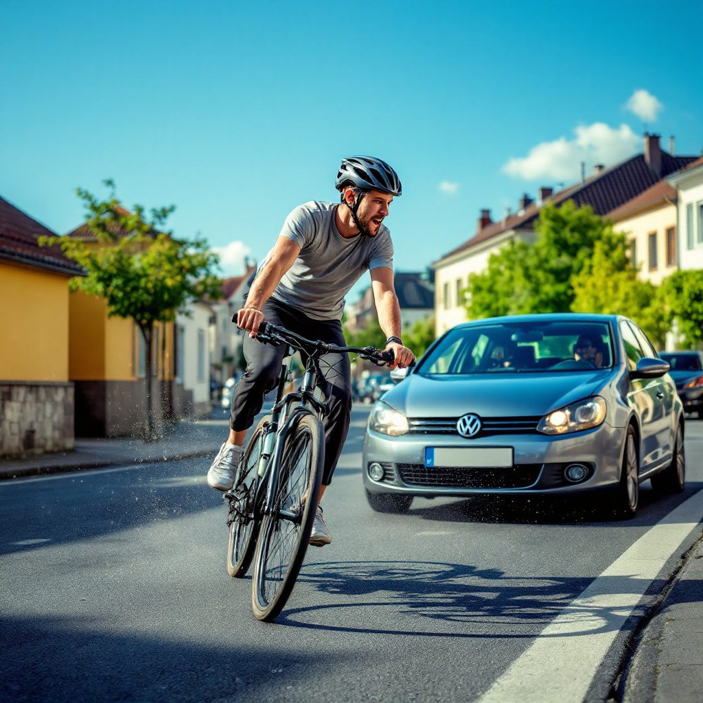 verkehrsunfall-fussverletzung-schmerzensgeld Unfall zwischen Fahrradfahrer und Auto auf einem Gehweg in einer Stadt. Fahrer wirkt unaufmerksam.