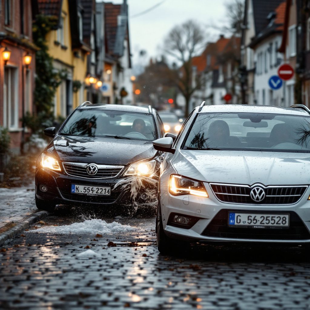 verkehrsunfall-kfz-sachverstaendigenkosten Kollision zweier Autos auf einer deutschen Straße mit überraschten Fahrern in alltäglicher Kleidung.