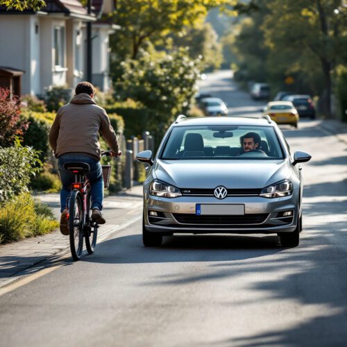 Silberner VW Golf fährt aus Einfahrt, Radfahrer nähert sich von links. Spannungsmoment vor möglicher Kollision.