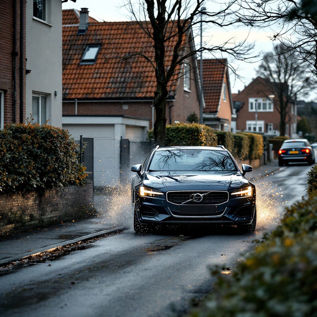 verkehrsunfall-rueckwaertsfahrt Volvo fährt rückwärts aus der Einfahrt, Audi nähert sich, kurz vor Kollision in einer Hamburger Wohnstraße.