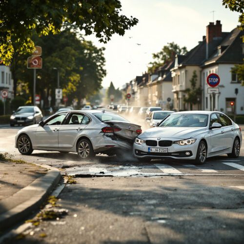 Unfall zwischen silbernem Volkswagen Golf und weißem BMW im Verkehr, sichtbar beschädigte Fahrzeuge und typische deutsche Straßensituation.Unfall zwischen silbernem Volkswagen Golf und weißem BMW im Verkehr, sichtbar beschädigte Fahrzeuge und typische deutsche Straßensituation.