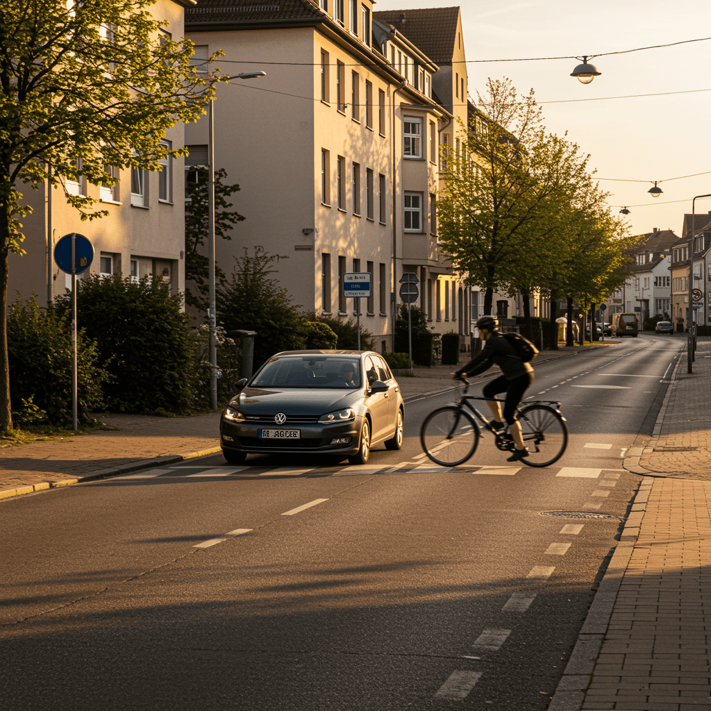verschulden-radfahrer-fahrbahn Radfahrer fährt schnell auf eine belebte Straße in Bad Vilbel, kurz vor der Kollision mit einem Auto.