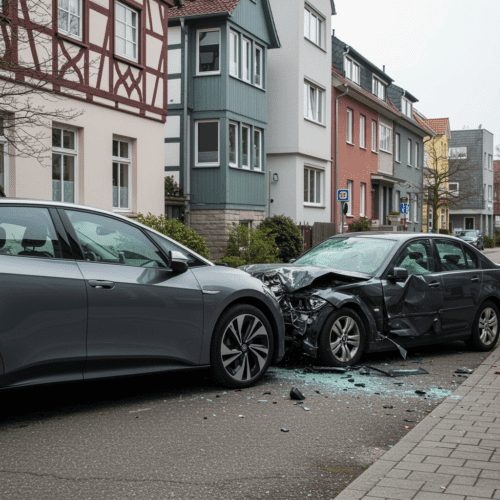 Unfall zwischen Elektroauto und Pkw auf urbaner Straße mit sichtbaren Schäden an beiden Fahrzeugen.