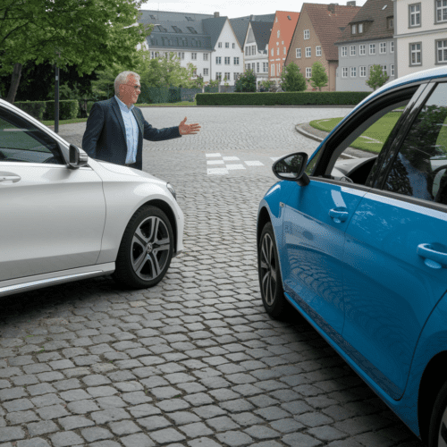 Missverständnis in einem Parkhaus: Ein Mann signalisiert einen Rechtsvorrang, während ein Autofahrer rückwärts fährt.Missverständnis in einem Parkhaus: Ein Mann signalisiert einen Rechtsvorrang, während ein Autofahrer rückwärts fährt.