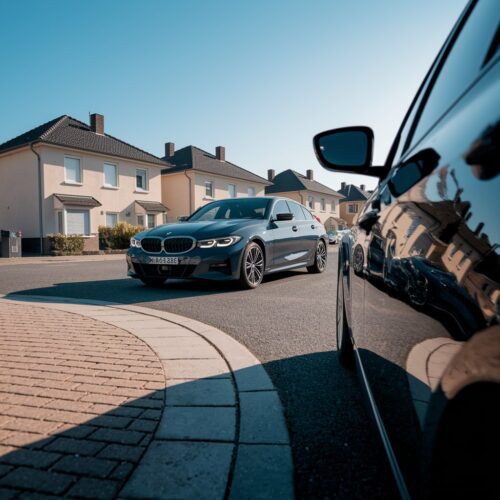 Ein VW Golf und ein BMW nähern sich an einer Kreuzung, wobei der Golf das Vorfahrtssignal missachtet.