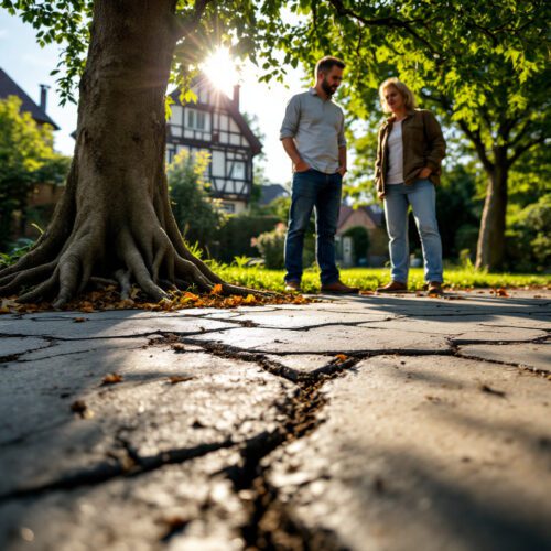 Pflasterbruch durch Baumwurzel. Baumfällgenehmigung? Baumrecht, Gartenschaden.