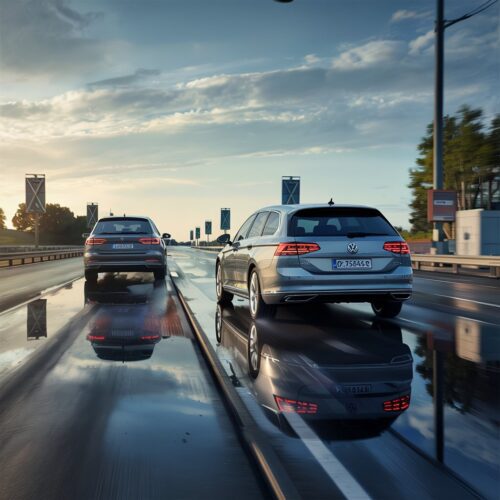 Riskanter Spurwechsel: Silber Passat schneidet Kombi Autobahn. Berührungsloser Unfall, Fahrzeugkollision, Verkehrssicherheit.
