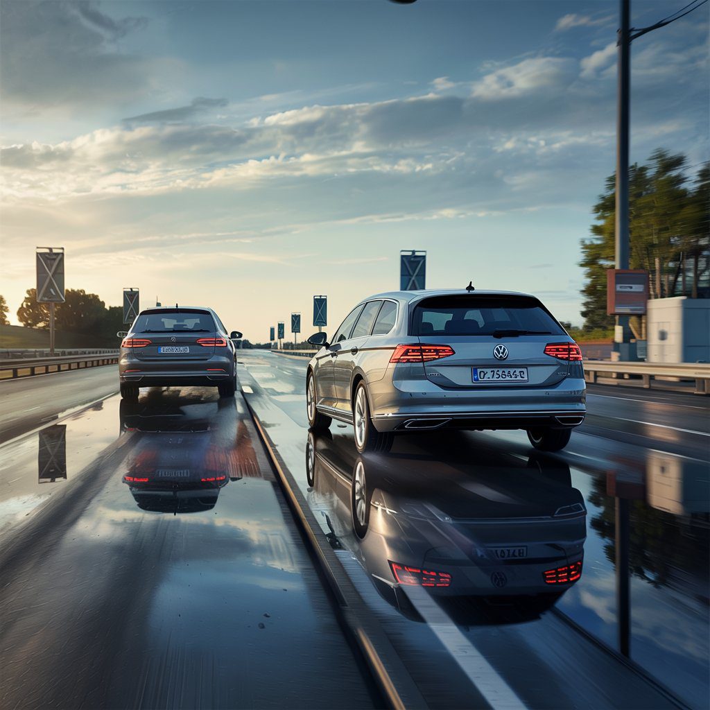 beruehrungsloser-unfall-autobahn Riskanter Spurwechsel: Silber Passat schneidet Kombi Autobahn. Berührungsloser Unfall, Fahrzeugkollision, Verkehrssicherheit.