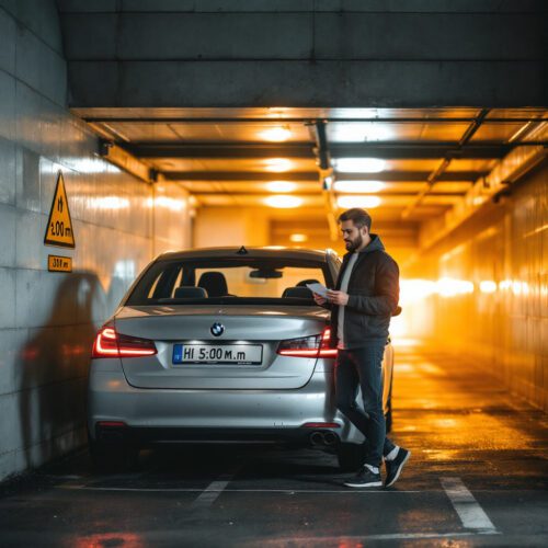 Silberner Mietwagen mit eingedrücktem Dach vor Tiefgaragen-Eingang, Fahrer hält Kreditkarte, Schadensbild, Warnschild 2m
