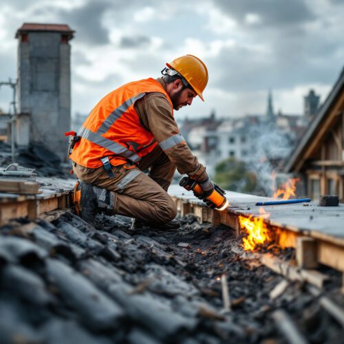 Dachdecker Brandursache. Gasbrenner, Feuergefahr, Sicherheitsrisiko.