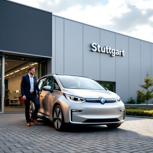 E-Auto Rückgabe Stuttgart. Mann steigt vor Auslieferzentrum aus. Gerichtsstand Online-Autokauf.