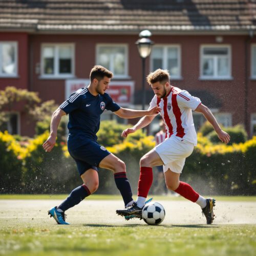 Fußballspiel: Riskante Grätsche, Verletzungsrisiko! Zweikampf, Sportverletzung, Haftung Fußball. Unfallrisiko Sport, Sicherheit.